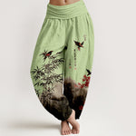 Buddha Stones Cotton Classical Bamboo Bird Flower Pattern Women's Elastic Waist Harem Pants