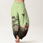 Buddha Stones Cotton Classical Bamboo Bird Flower Pattern Women's Elastic Waist Harem Pants
