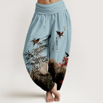 Buddha Stones Cotton Classical Bamboo Bird Flower Pattern Women's Elastic Waist Harem Pants