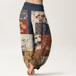 Buddha Stones Cotton Color Blocking Design Flower Geometry Pattern Women's Elastic Waist Harem Pants
