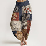 Buddha Stones Cotton Color Blocking Design Flower Geometry Pattern Women's Elastic Waist Harem Pants