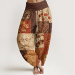 Buddha Stones Cotton Color Blocking Design Flower Geometry Pattern Women's Elastic Waist Harem Pants