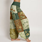 Buddha Stones Cotton Color Blocking Design Flower Geometry Pattern Women's Elastic Waist Harem Pants