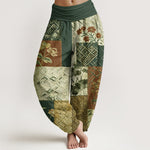 Buddha Stones Cotton Color Blocking Design Flower Geometry Pattern Women's Elastic Waist Harem Pants