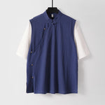 Buddha Stones Summer 2 In 1 Stripes Stand Collar Short Sleeve Frog-Button Men's Cotton Shirt