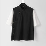 Buddha Stones Summer 2 In 1 Stripes Stand Collar Short Sleeve Frog-Button Men's Cotton Shirt