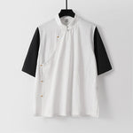 Buddha Stones Summer 2 In 1 Stripes Stand Collar Short Sleeve Frog-Button Men's Cotton Shirt