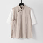 Buddha Stones Summer 2 In 1 Stripes Stand Collar Short Sleeve Frog-Button Men's Cotton Shirt