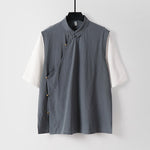 Buddha Stones Summer 2 In 1 Stripes Stand Collar Short Sleeve Frog-Button Men's Cotton Shirt