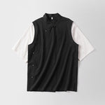 Buddha Stones Summer 2 In 1 Stripes Stand Collar Short Sleeve Frog-Button Men's Cotton Shirt