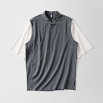 Buddha Stones Summer 2 In 1 Stripes Stand Collar Short Sleeve Frog-Button Men's Cotton Shirt