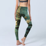 Buddha Stones Classical Lotus Flower Leaf Pattern Print Gym Leggings Women's Yoga Pants