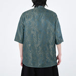 Buddha Stones Summer Frog-Button Half Sleeve Vine Leaf Flower Pattern Men's Shirt