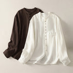 Buddha Stones Spring Plain V-Neck Long Sleeve Women's Cotton Shirt