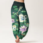 Buddha Stones Pure Cotton Fresh Teapot Cup Lotus Flower Leaf Pattern Women's Elastic Waist Harem Pants