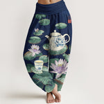 Buddha Stones Pure Cotton Fresh Teapot Cup Lotus Flower Leaf Pattern Women's Elastic Waist Harem Pants