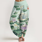 Buddha Stones Pure Cotton Fresh Teapot Cup Lotus Flower Leaf Pattern Women's Elastic Waist Harem Pants