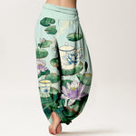 Buddha Stones Pure Cotton Fresh Teapot Cup Lotus Flower Leaf Pattern Women's Elastic Waist Harem Pants