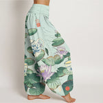 Buddha Stones Pure Cotton Fresh Teapot Cup Lotus Flower Leaf Pattern Women's Elastic Waist Harem Pants