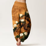 Buddha Stones Pure Cotton Elegant Pine Tree Lotus Flower Leaf Pattern Women's Elastic Waist Harem Pants