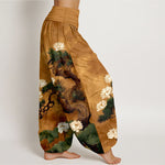 Buddha Stones Pure Cotton Elegant Pine Tree Lotus Flower Leaf Pattern Women's Elastic Waist Harem Pants