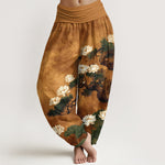 Buddha Stones Pure Cotton Elegant Pine Tree Lotus Flower Leaf Pattern Women's Elastic Waist Harem Pants