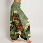 Buddha Stones Pure Cotton Elegant Pine Tree Lotus Flower Leaf Pattern Women's Elastic Waist Harem Pants