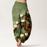 Buddha Stones Pure Cotton Elegant Pine Tree Lotus Flower Leaf Pattern Women's Elastic Waist Harem Pants