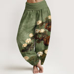 Buddha Stones Pure Cotton Elegant Pine Tree Lotus Flower Leaf Pattern Women's Elastic Waist Harem Pants
