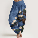 Buddha Stones Pure Cotton Elegant Pine Tree Lotus Flower Leaf Pattern Women's Elastic Waist Harem Pants