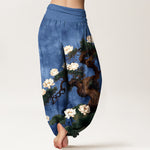Buddha Stones Pure Cotton Elegant Pine Tree Lotus Flower Leaf Pattern Women's Elastic Waist Harem Pants