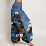 Buddha Stones Pure Cotton Elegant Pine Tree Lotus Flower Leaf Pattern Women's Elastic Waist Harem Pants
