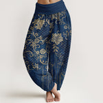 Buddha Stones Pure Cotton Classical Flower Leaf Vine Pattern Women's Elastic Waist Harem Pants
