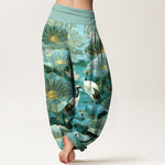 Buddha Stones Pure Cotton Elegant Crane Lotus Flower Leaf Pattern Women's Elastic Waist Harem Pants