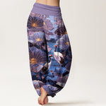 Buddha Stones Pure Cotton Elegant Crane Lotus Flower Leaf Pattern Women's Elastic Waist Harem Pants