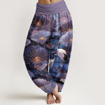 Buddha Stones Pure Cotton Elegant Crane Lotus Flower Leaf Pattern Women's Elastic Waist Harem Pants