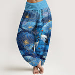 Buddha Stones Pure Cotton Elegant Crane Lotus Flower Leaf Pattern Women's Elastic Waist Harem Pants