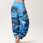 Buddha Stones Pure Cotton Elegant Crane Lotus Flower Leaf Pattern Women's Elastic Waist Harem Pants