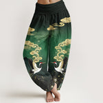 Buddha Stones Pure Cotton Colorful Crane Cloud Mountain Pattern Women's Elastic Waist Harem Pants