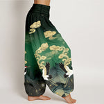 Buddha Stones Pure Cotton Colorful Crane Cloud Mountain Pattern Women's Elastic Waist Harem Pants