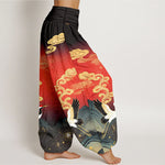 Buddha Stones Pure Cotton Colorful Crane Cloud Mountain Pattern Women's Elastic Waist Harem Pants