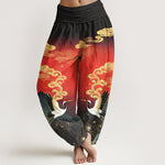 Buddha Stones Pure Cotton Colorful Crane Cloud Mountain Pattern Women's Elastic Waist Harem Pants