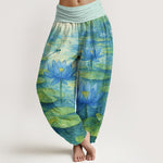 Buddha Stones Pure Cotton Fresh Elegant Lotus Flower Leaf Dragonfly Frog Pattern Women's Elastic Waist Harem Pants