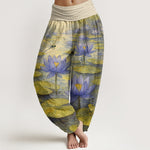 Buddha Stones Pure Cotton Fresh Elegant Lotus Flower Leaf Dragonfly Frog Pattern Women's Elastic Waist Harem Pants