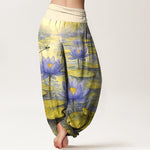 Buddha Stones Pure Cotton Fresh Elegant Lotus Flower Leaf Dragonfly Frog Pattern Women's Elastic Waist Harem Pants