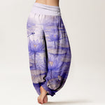 Buddha Stones Pure Cotton Fresh Elegant Lotus Flower Leaf Dragonfly Frog Pattern Women's Elastic Waist Harem Pants