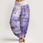 Buddha Stones Pure Cotton Fresh Elegant Lotus Flower Leaf Dragonfly Frog Pattern Women's Elastic Waist Harem Pants