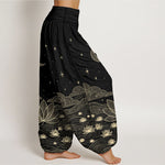 Buddha Stones Pure Cotton Elegant Moon Star Cloud Lotus Flower Water Ripple Pattern Women's Elastic Waist Harem Pants