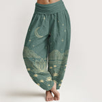 Buddha Stones Pure Cotton Elegant Moon Star Cloud Lotus Flower Water Ripple Pattern Women's Elastic Waist Harem Pants