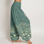 Buddha Stones Pure Cotton Elegant Moon Star Cloud Lotus Flower Water Ripple Pattern Women's Elastic Waist Harem Pants